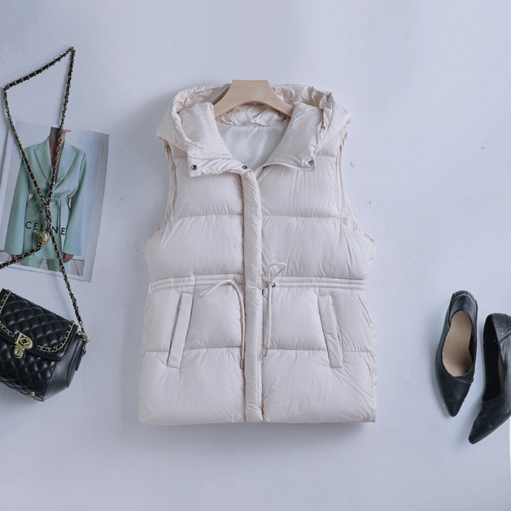 Damen gesteppte Kapuzenweste mit verstellbarem Taillenzug und winddichter Thermofütterung – Avérine