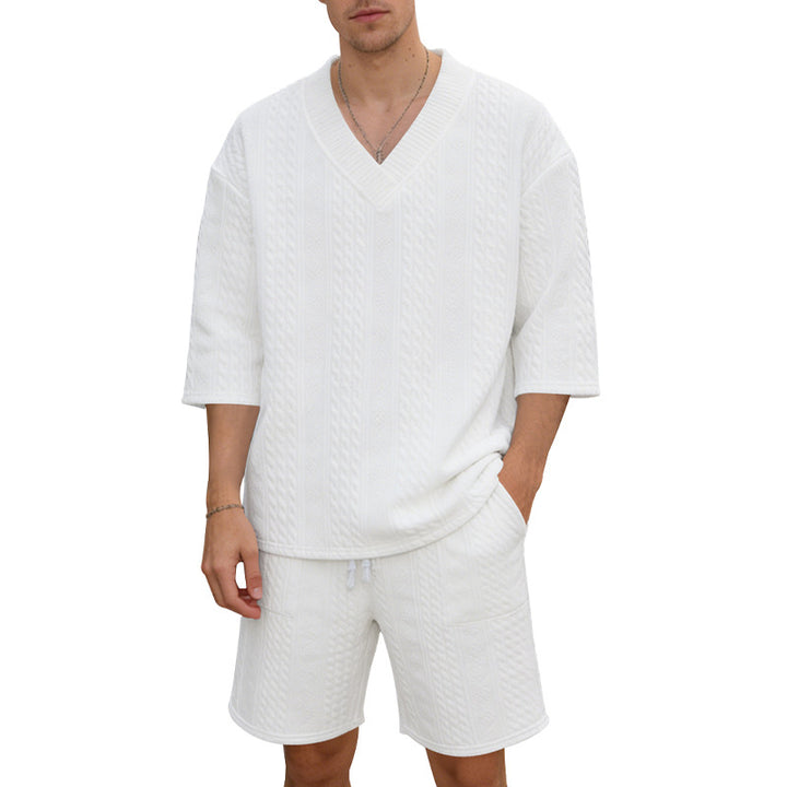 Unisex nan lässiges Lounge-Set mit V-Ausschnitt-Oberteil und Kordelbund-Shorts Echo Archiv