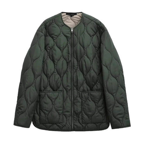 Damen gesteppte Oversize-Quiltjacke mit Rundhals, durchgehendem Reißverschluss und aufgesetzten Taschen – Célinea
