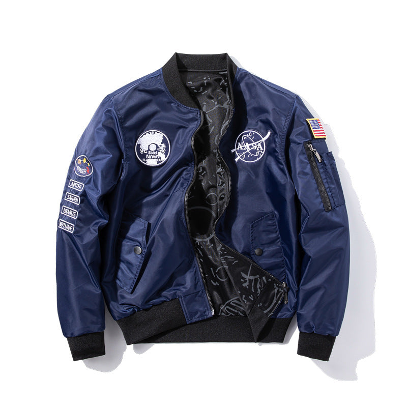 Herren  bestickte Raum-Patch glänzende Shell Bomberjacke mit bedrucktem Innenfutter und Ärmel-Reißverschluss-Nutztasche Echo Archiv