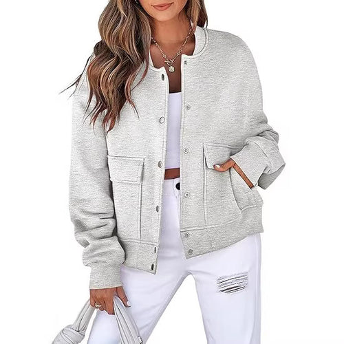 Damen lässige Oversize-Bomberjacke aus Sweatstoff mit Druckknopfleiste und aufgesetzten Taschen Echo Archiv