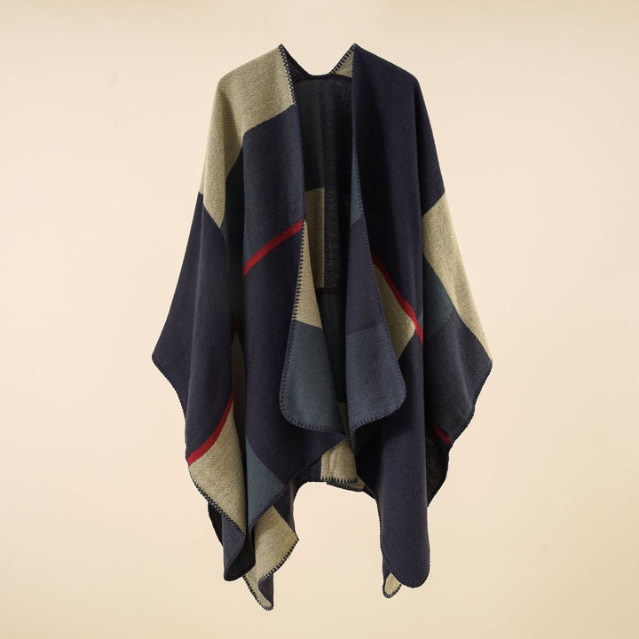 Damen Weicher Wollmix-Poncho mit geometrischem Jacquard und offenem Wasserfall-Schnitt – Avérine