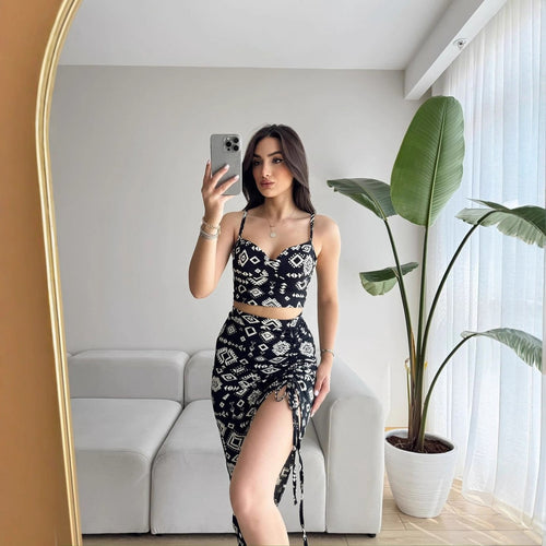 Damen Set aus Crop-Top und Knielangem Rock mit Raffungen Echo Archiv