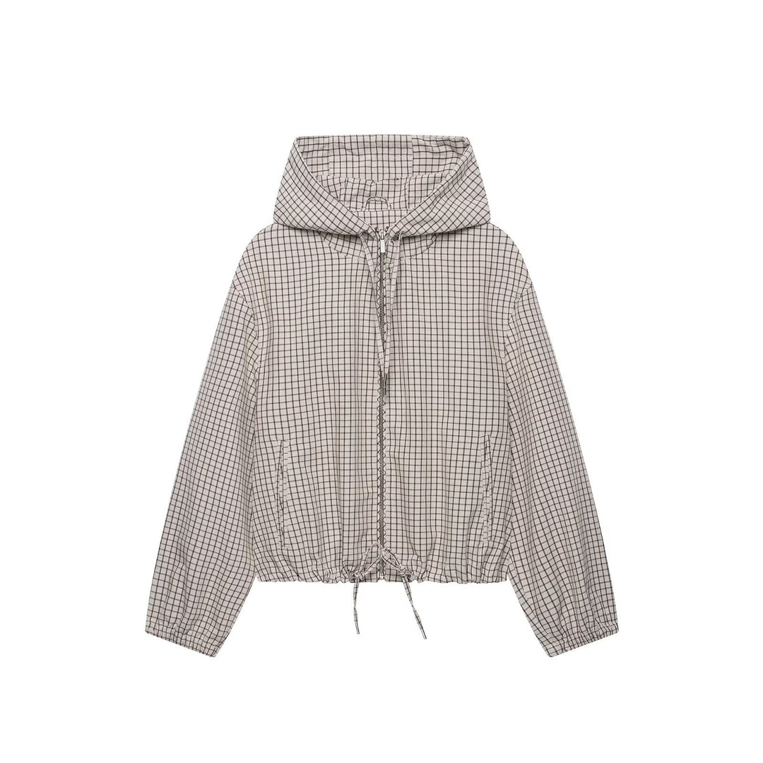 Damen Kariertes Cropped-Blouson mit Kapuze, Tunnelzug und Reißverschluss Echo Archiv