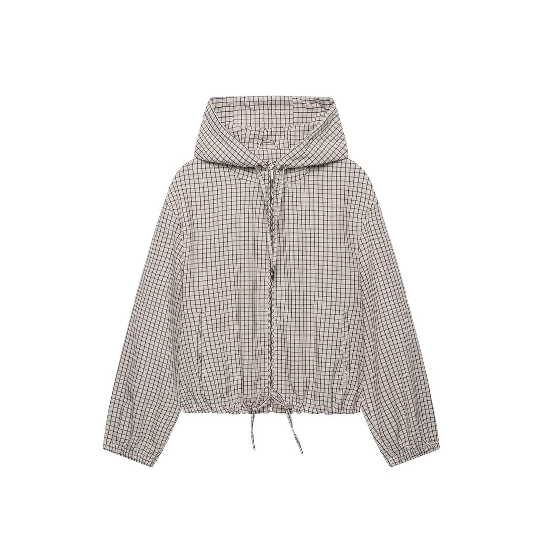 Damen Kariertes Cropped-Blouson mit Kapuze, Tunnelzug und Reißverschluss Echo Archiv