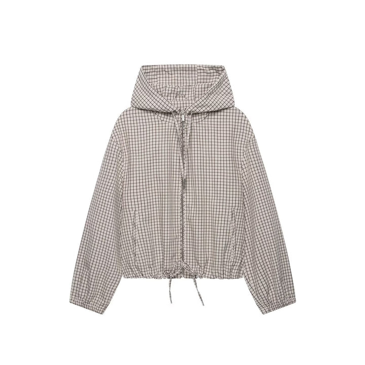 Damen Kariertes Cropped-Blouson mit Kapuze, Tunnelzug und Reißverschluss Echo Archiv