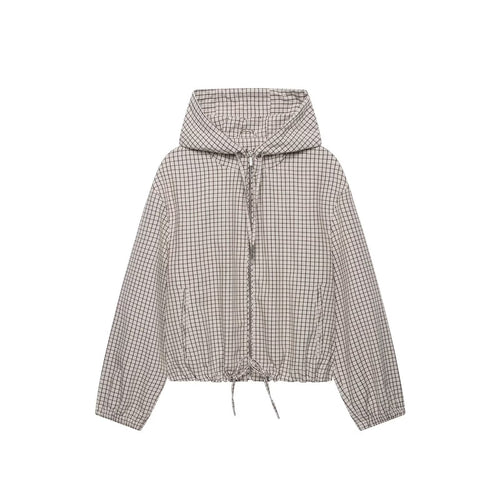 Damen Kariertes Cropped-Blouson mit Kapuze, Tunnelzug und Reißverschluss Echo Archiv