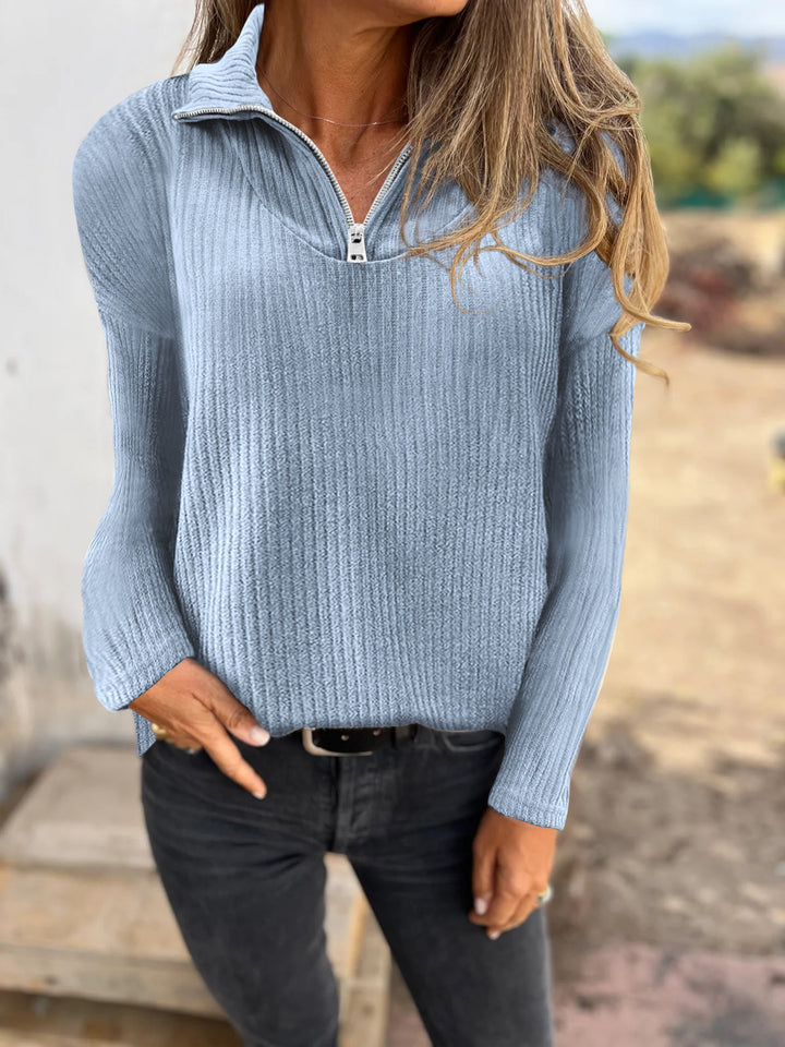 Damen Rippstrickpullover mit halbem Reißverschluss und Stehkragen Echoarchiv