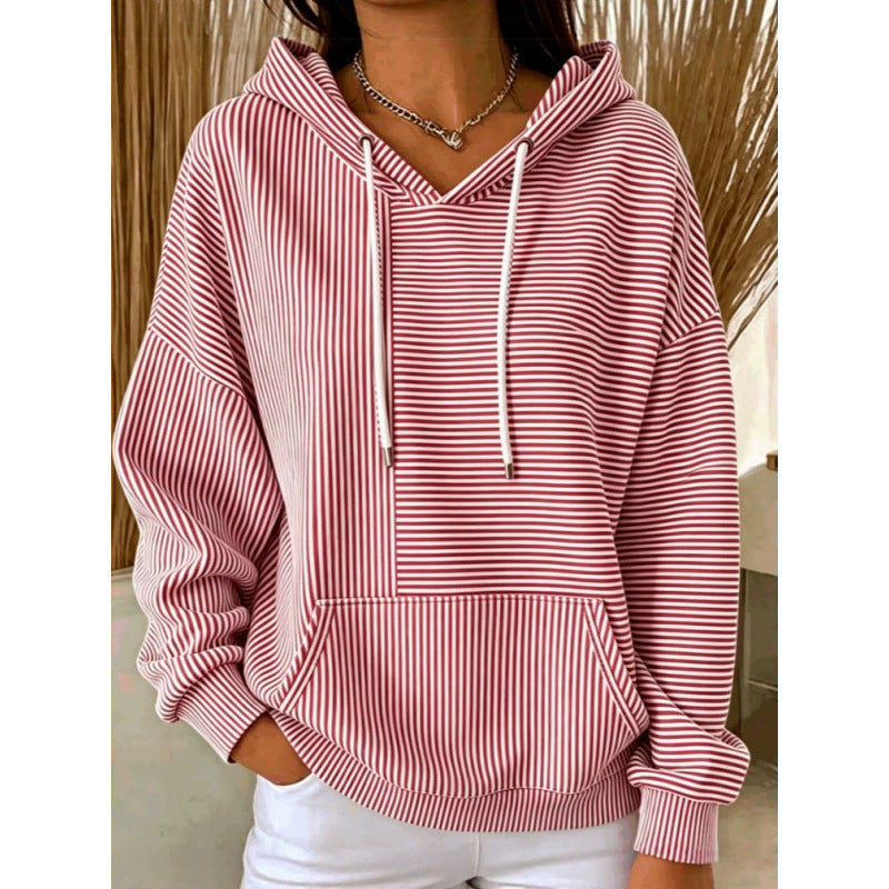Damen Oversize Kapuzenpullover mit feinem Streifenprint, Kängurutasche und V-Ausschnitt-Kapuze – Auréline