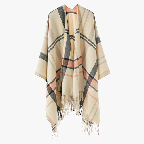 Damen Oversize Karierter Fransen-Poncho aus weichem Strick – Avérine