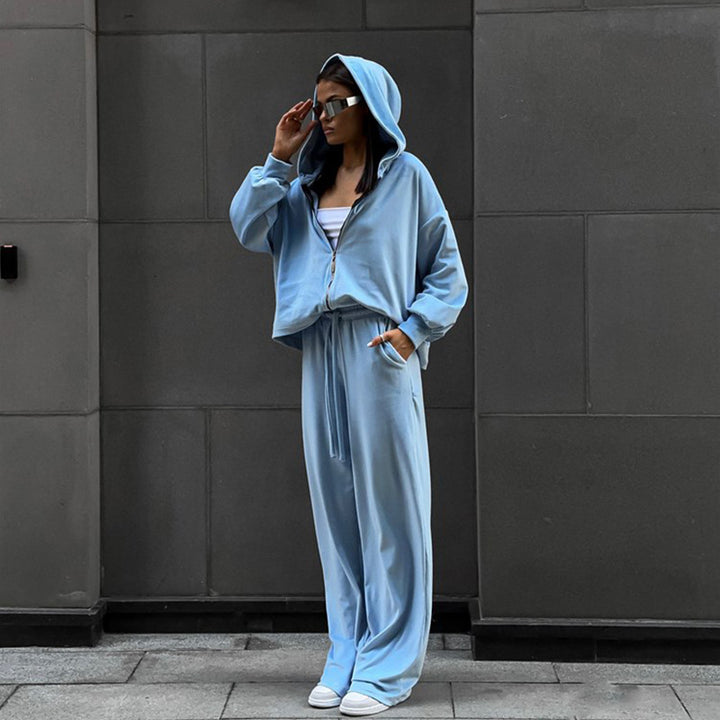 Damen nan luxuriöses Velours-Zweiteiler Set mit kurzem Reißverschluss-Hoodie und weiten Highwaist-Loungehosen Echo Archiv