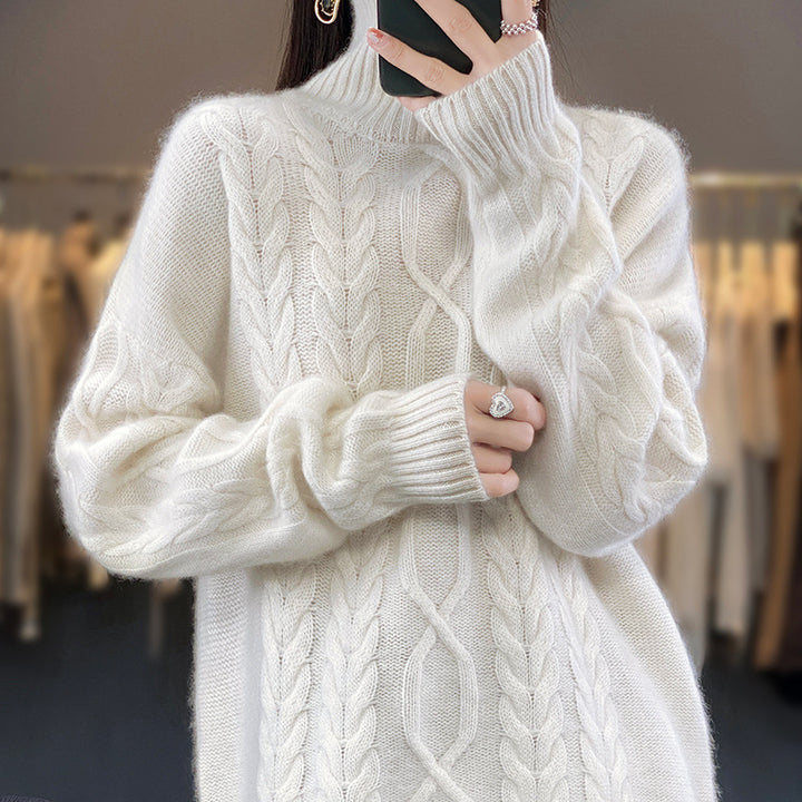 Damen Oversize-Zopfmuster-Pullover mit Mohair-Optik und gerippten Bündchen Echoarchiv