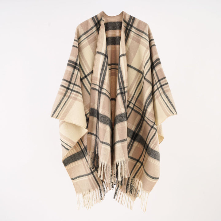 Damen Karierter Cape-Umhang aus Wollmix mit Fransen – Avérine