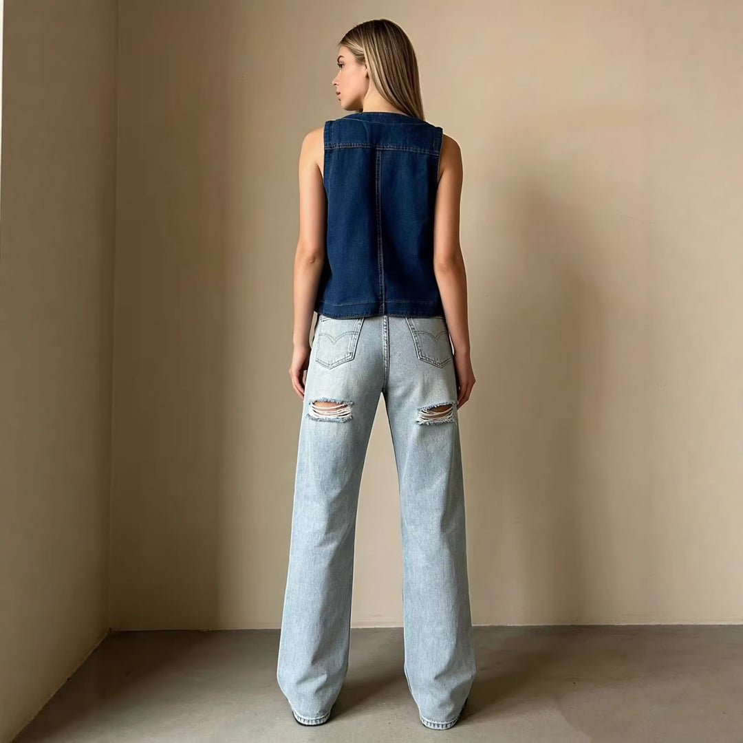 Damen lässige Denim-Weste mit Knopfdetails und aufgesetzten Taschen Echo Archiv