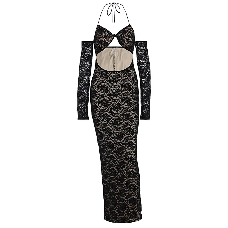 Damen aufregendes Spitzenkleid mit tiefem Rückenausschnitt und langem Arm Echo Archiv