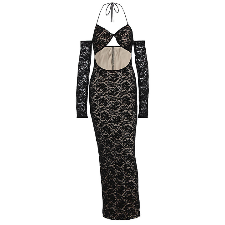 Damen aufregendes Spitzenkleid mit tiefem Rückenausschnitt und langem Arm Echo Archiv