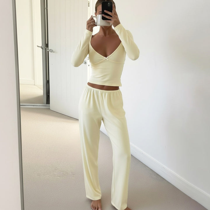 Damen Zweiteiliges Lounge-Set aus weichem Jersey mit Cropped V-Ausschnitt Oberteil und hochtaillierter Palazzohose – Élanora