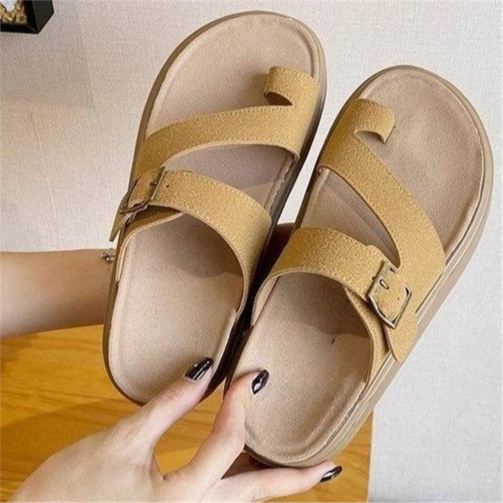 Damen Plateau-Sandalen mit Zehensteg, Kork‑Fußbett und verstellbarer Schnalle – Sorelia