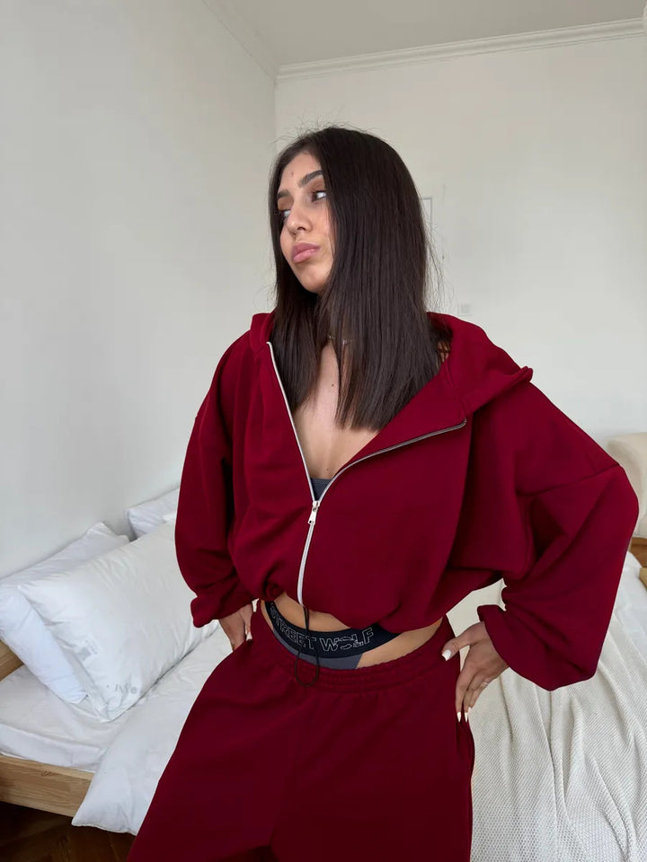 Damen kurzes Kapuzenzipper-Lounge-Set mit oversized Ärmeln und weitem Jogginghose-Schnitt – Auréline