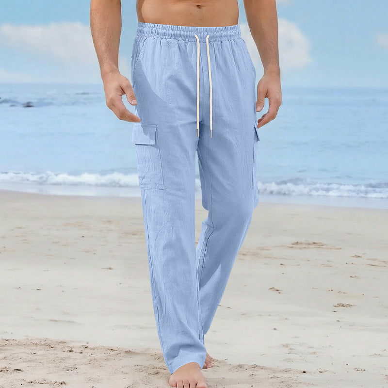 Herren Cargo-Strandhose aus Leinenmix mit elastischem Bund und Kordelzug – Bravaro