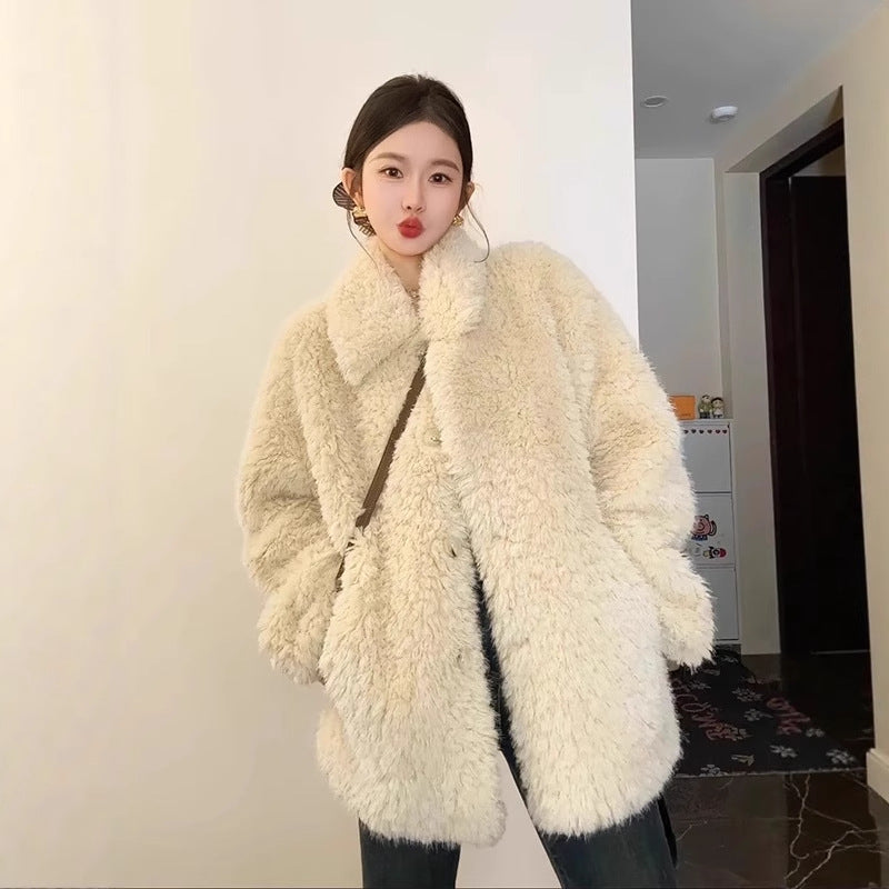 Damen Oversize Teddyfell‑Mantel mit Schalkragen und verdeckter Knopfleiste Echoarchiv
