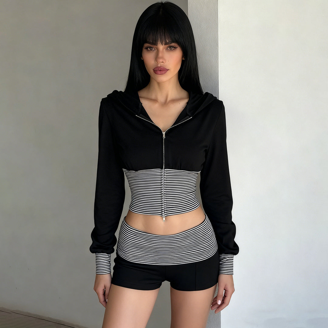Damen nan kurz geschnittenes Lounge-Set mit Kapuzen-Cropped-Zip und gestreiften Highwaist-Shorts Echo Archiv