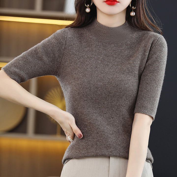 Damen Kurzarm-Feinstrickpullover mit Stehkragen und taillierter Passform Echoarchiv
