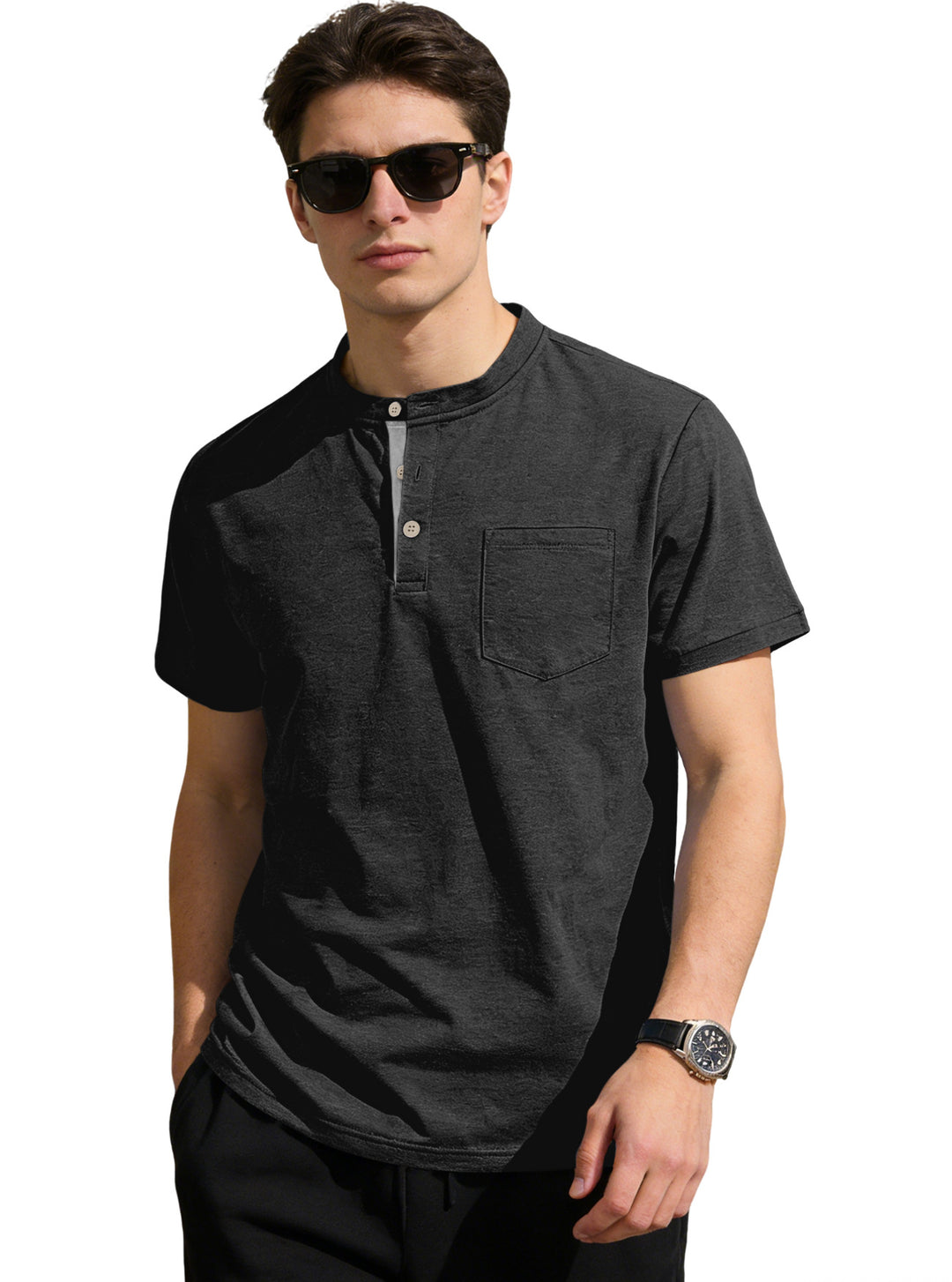 Herren nan strukturiertes Baumwoll-Henleyshirt mit kurzem Stehkragen Knopfleiste und Brusttasche Echo Archiv