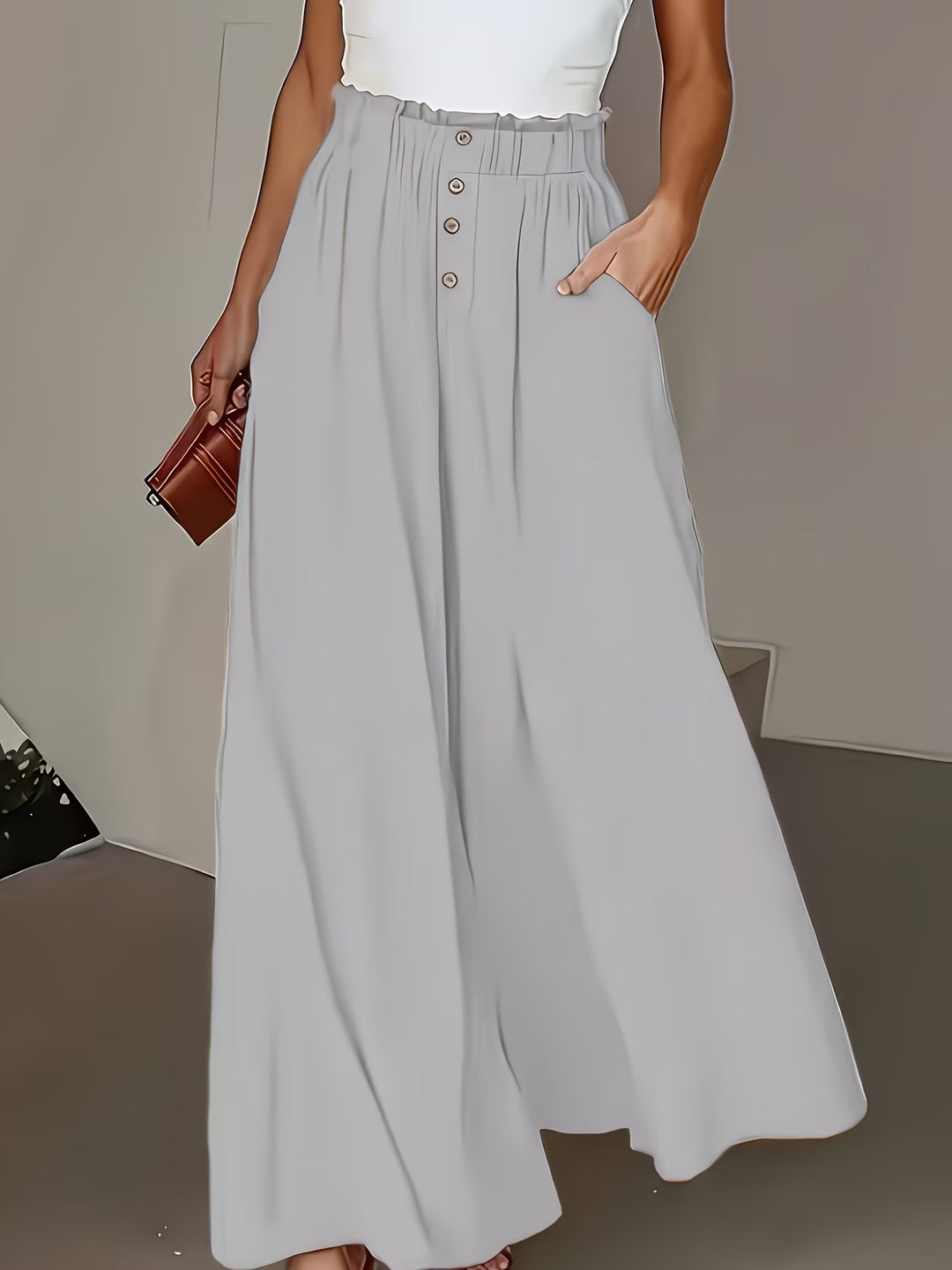 Damen weite Leinenhose mit hohem, gerafftem Bund und Knopfverzierung Echo Archiv