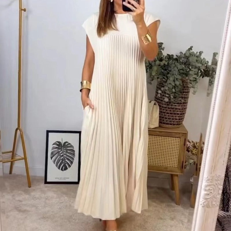 Damen nan fließendes plissiertes Maxikleid mit überschnittenen Schultern und Eingrifftaschen Echo Archiv