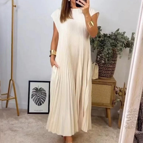 Damen nan fließendes plissiertes Maxikleid mit überschnittenen Schultern und Eingrifftaschen Echo Archiv