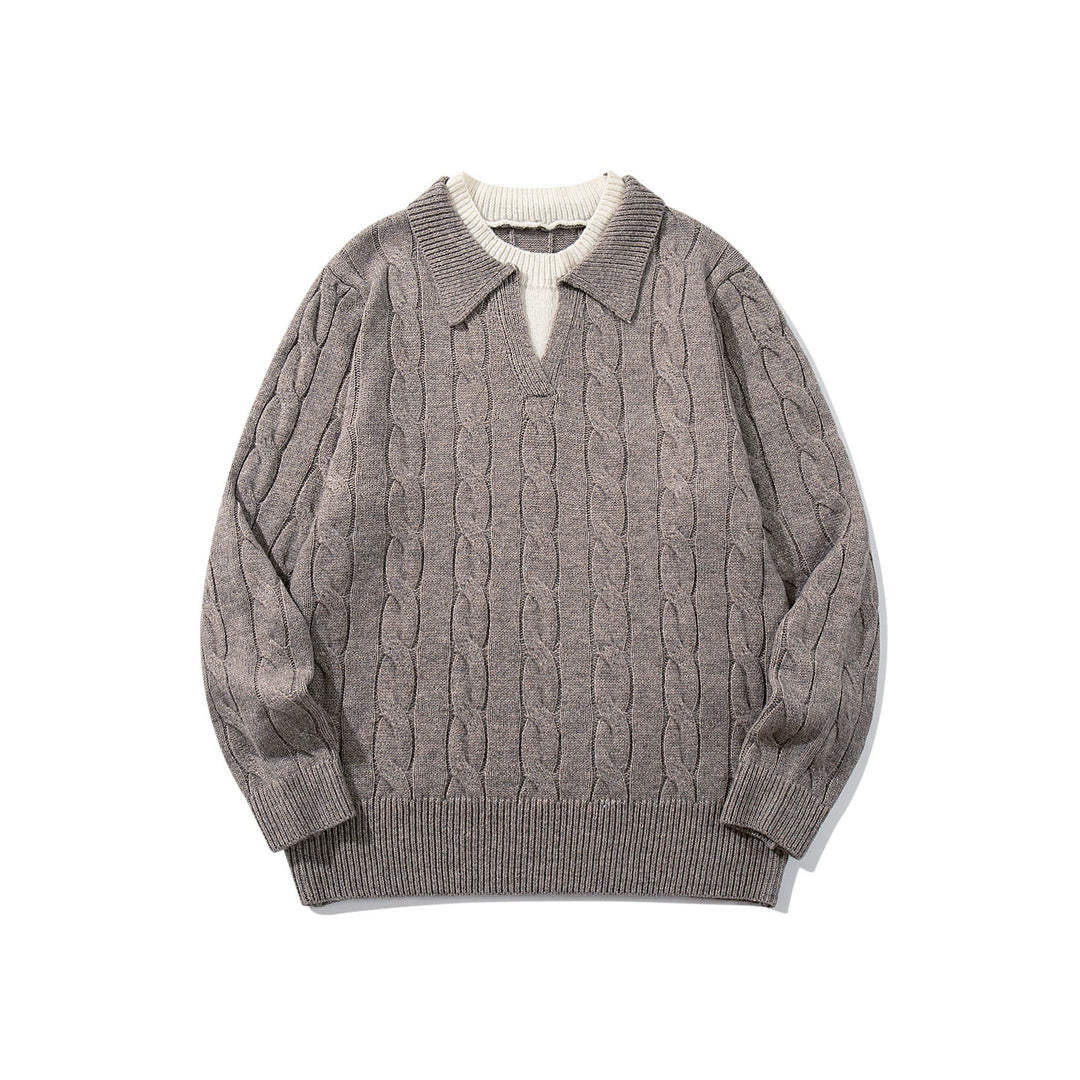 Unisex Strukturiertes Zopfstrick-Pullover mit Polokragen und tiefem V‑Ausschnitt Echoarchiv