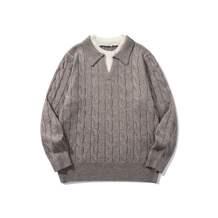 Unisex Strukturiertes Zopfstrick-Pullover mit Polokragen und tiefem V‑Ausschnitt Echoarchiv