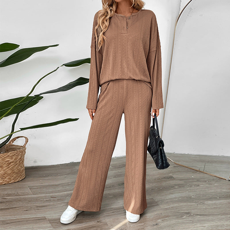 Damen Zweiteiliges Strick-Loungewear-Set mit Wide‑Leg-Hose und Henley-Oberteil Echoarchiv