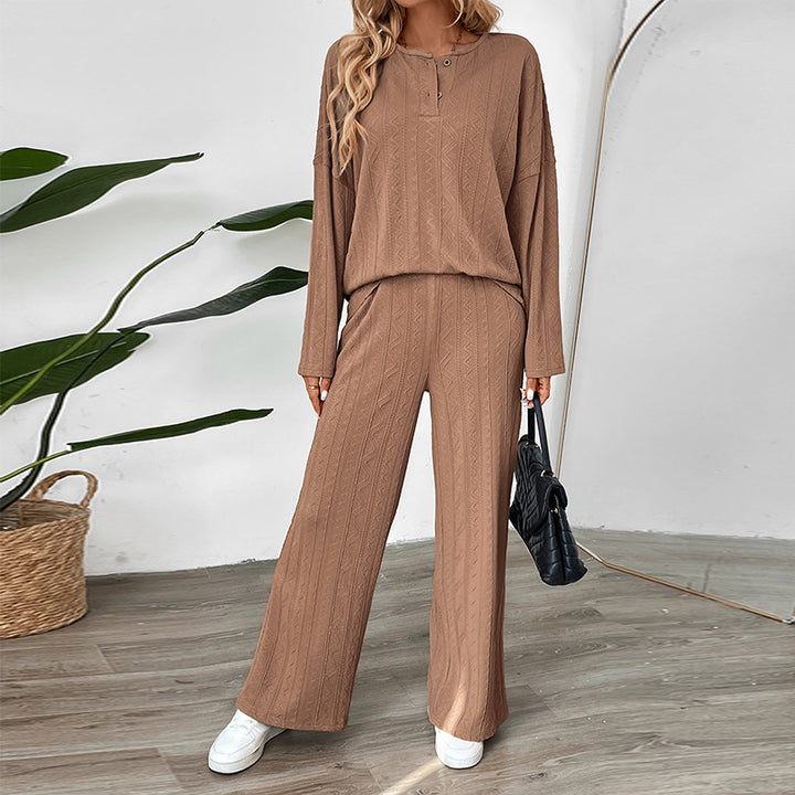 Damen Zweiteiliges Strick-Loungewear-Set mit Wide‑Leg-Hose und Henley-Oberteil Echoarchiv