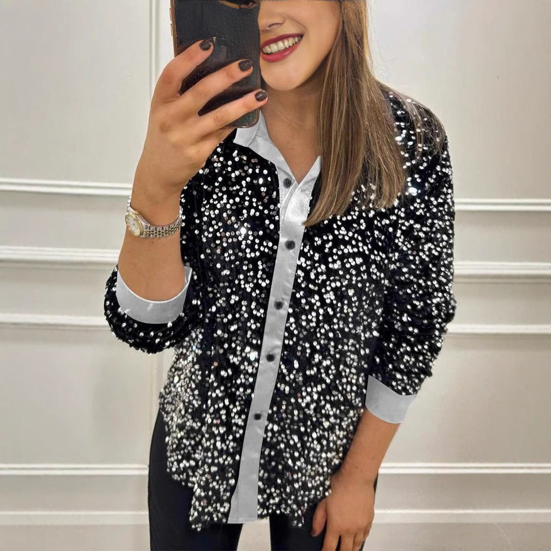 Damen Glitzernde Bluse aus Pailletten mit klassischem Kragen Echoarchiv