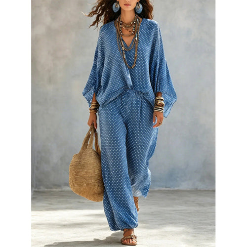 Damen Boho-Lounge-Set mit weitem V-Ausschnitt, Fledermausärmeln und elastischer Bund-Palazzohose Echoarchiv