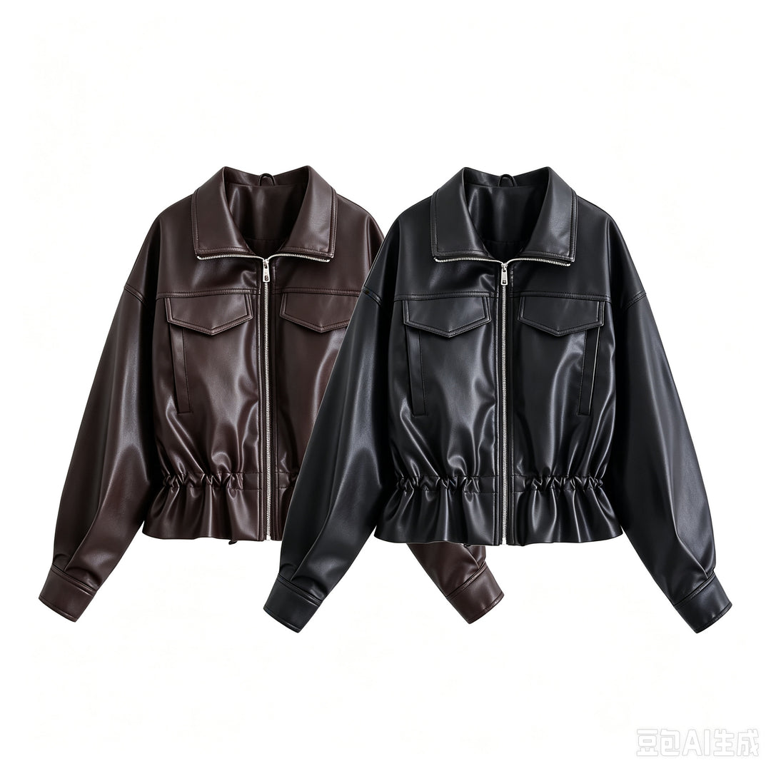 Damen Kurzjacke aus veganem Leder mit Tunnelzug und aufgesetzten Brusttaschen Echo Archiv
