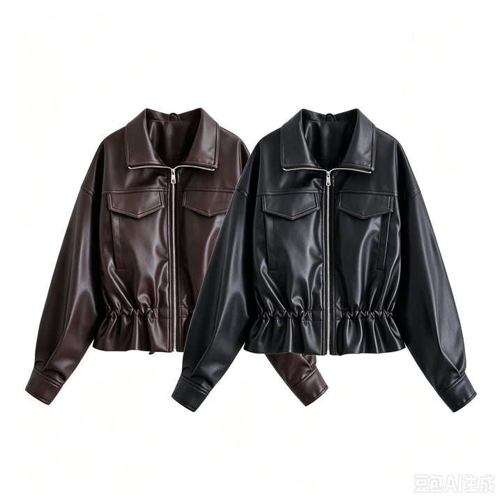 Damen Kurzjacke aus veganem Leder mit Tunnelzug und aufgesetzten Brusttaschen Echo Archiv