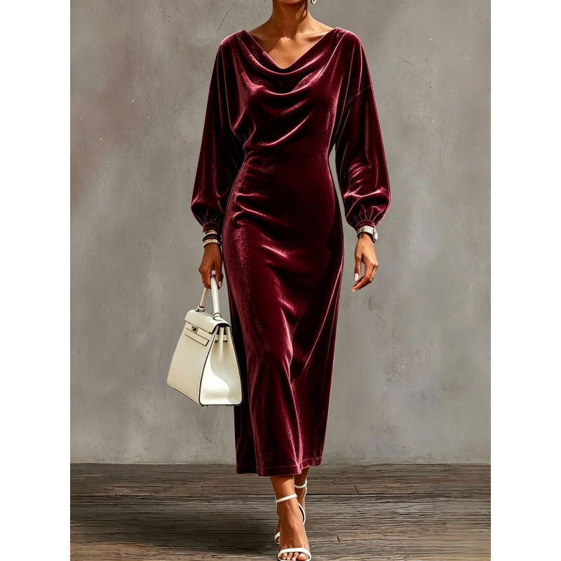 Damen Midikleid aus Samt mit drapiertem Wasserfallkragen und Ballonärmeln Echoarchiv