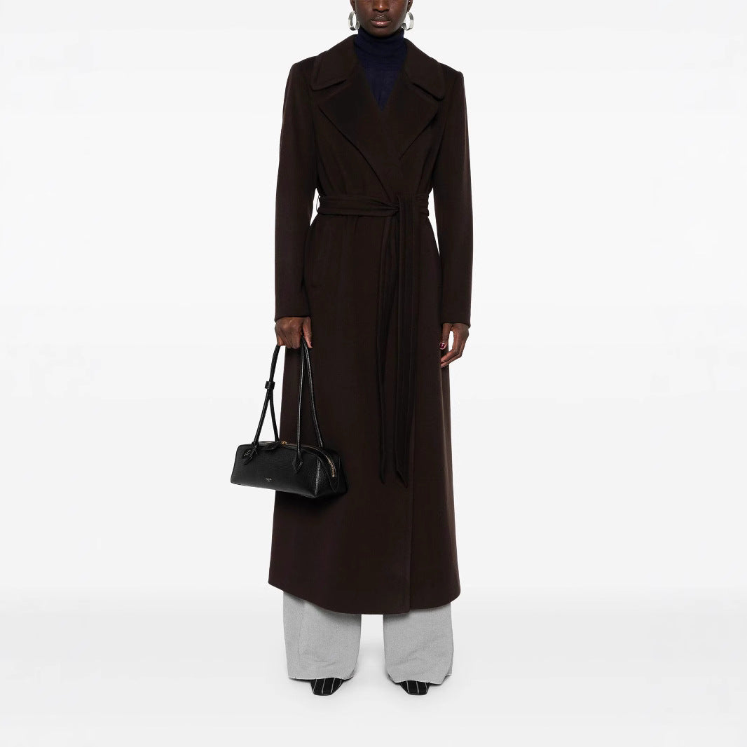 Damen Langer Wickelcoat aus Wollmix mit Bindegürtel und breitem Revers Echoarchiv