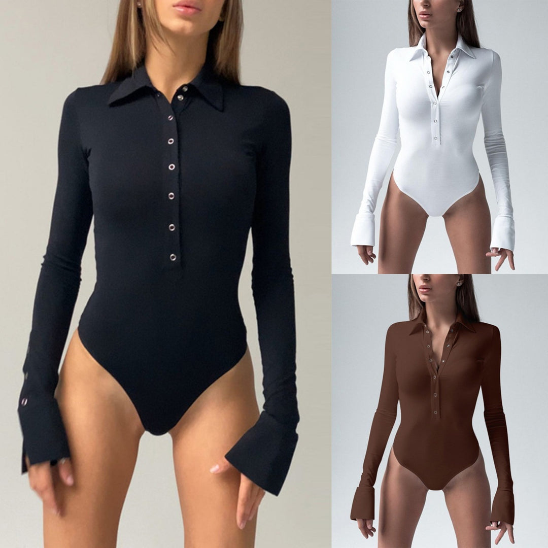 Damen eleganter Langarm-Bodysuit mit Knopfleiste und modischen Details Echo Archiv