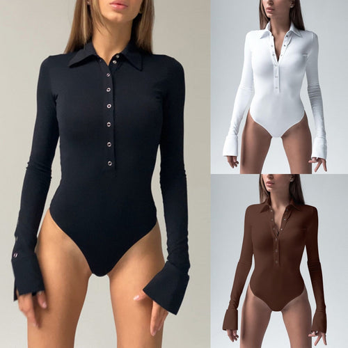 Damen eleganter Langarm-Bodysuit mit Knopfleiste und modischen Details Echo Archiv