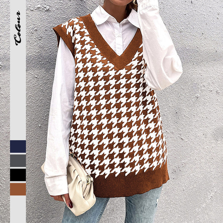 Damen Oversize Strickweste mit Hahnentritt‑Muster und tiefem V‑Ausschnitt Echoarchiv