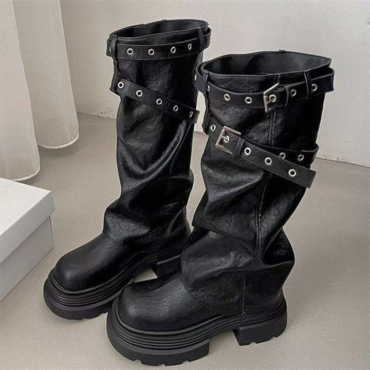 Damen PlatEchoarchivu-Stiefel mit modischem Schnallenverschluss und eleganter Faltenoptik Echoarchiv
