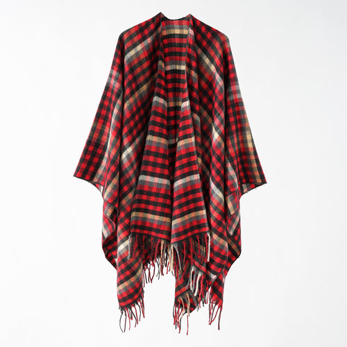 Damen Karierter Wollmix Poncho mit Fransen und offenem Oversize Fall Echo Archiv