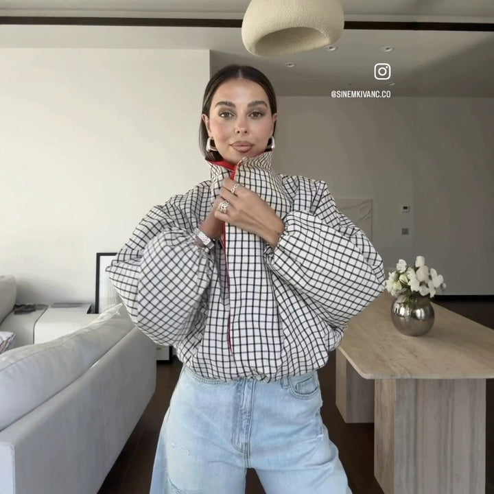 Damen Oversize-Bluse mit Stehkragen, karierter Optik und Ballonärmeln Echo Archiv