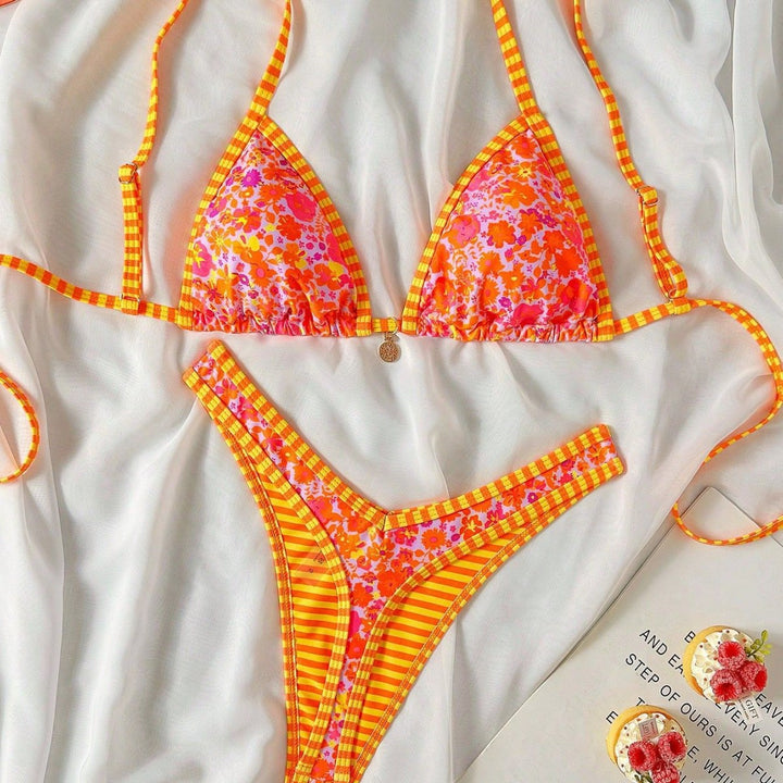 Damen Triangel-Bikini mit Rüschendetails und Karomuster Echo Archiv