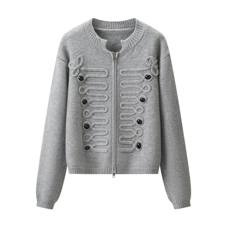 Damen Kurz geschnittene Strickjacke mit dekorativen Kordelapplikationen und Zwei-Wege‑Reißverschluss Echo Archiv