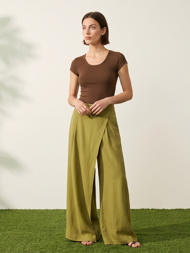 Damen High‑Waist Wickel‑Palazzohose mit weitem Bein und fließender Leinenoptik Echoarchiv
